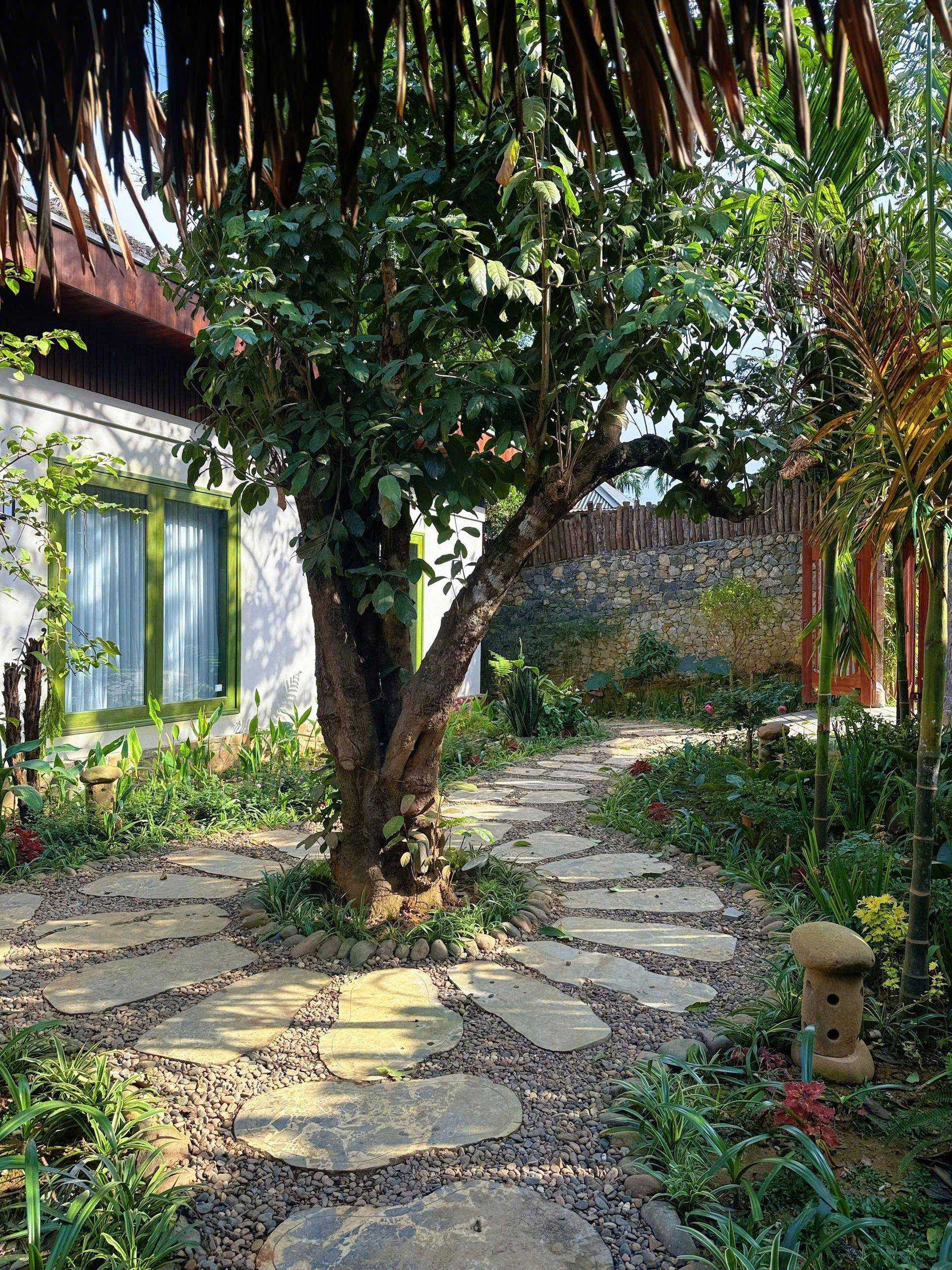 Lối vào và bậc thang dẫn lên không gian nghỉ dưỡng tại villa Pù Luông